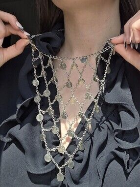 Silver Coin Mesh Statement Necklace - Unbranded
